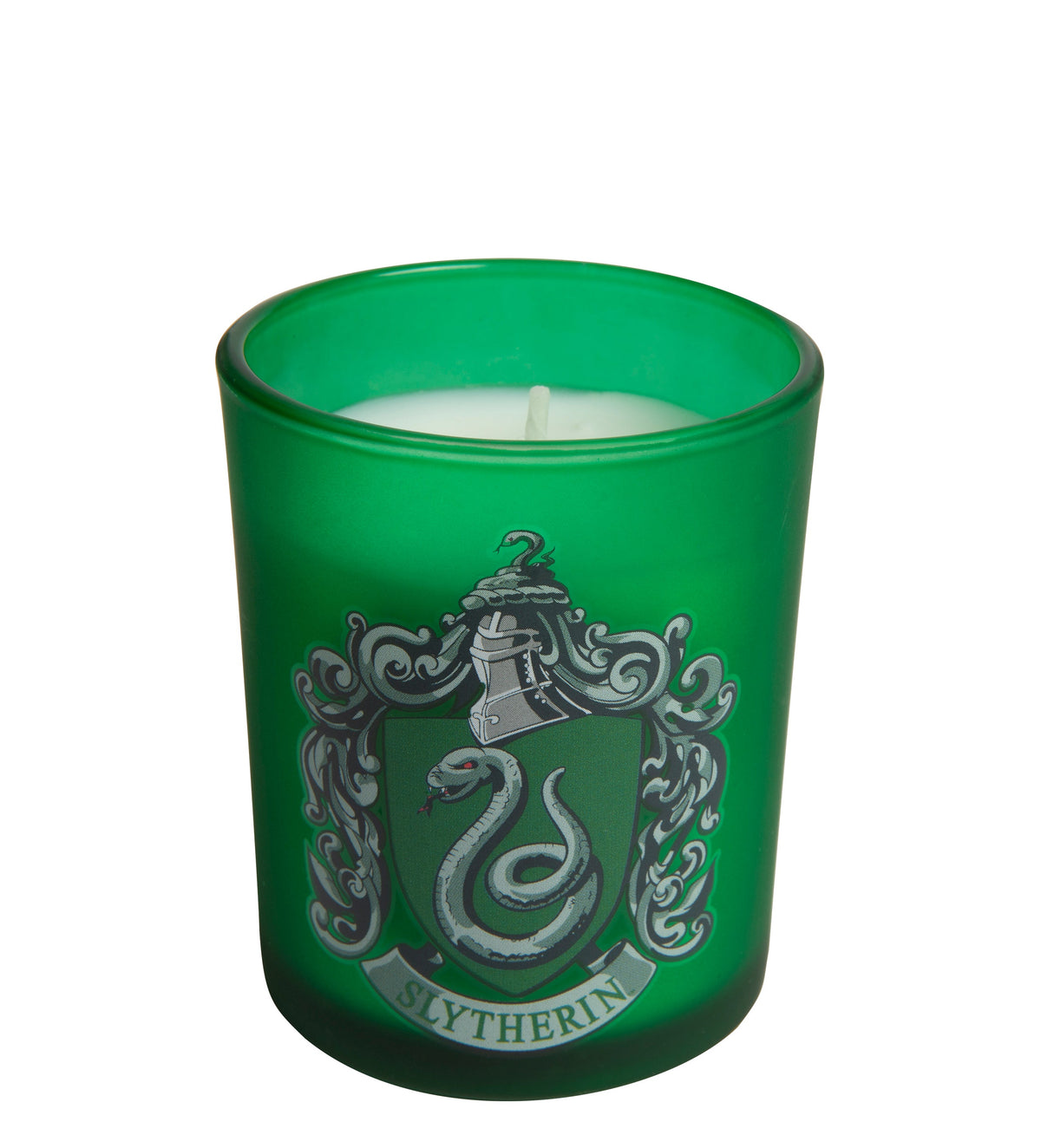 Slytherin glass votive candle from Harry Potter home goods collection by Insight Editions, featuring a green Slytherin crest design.