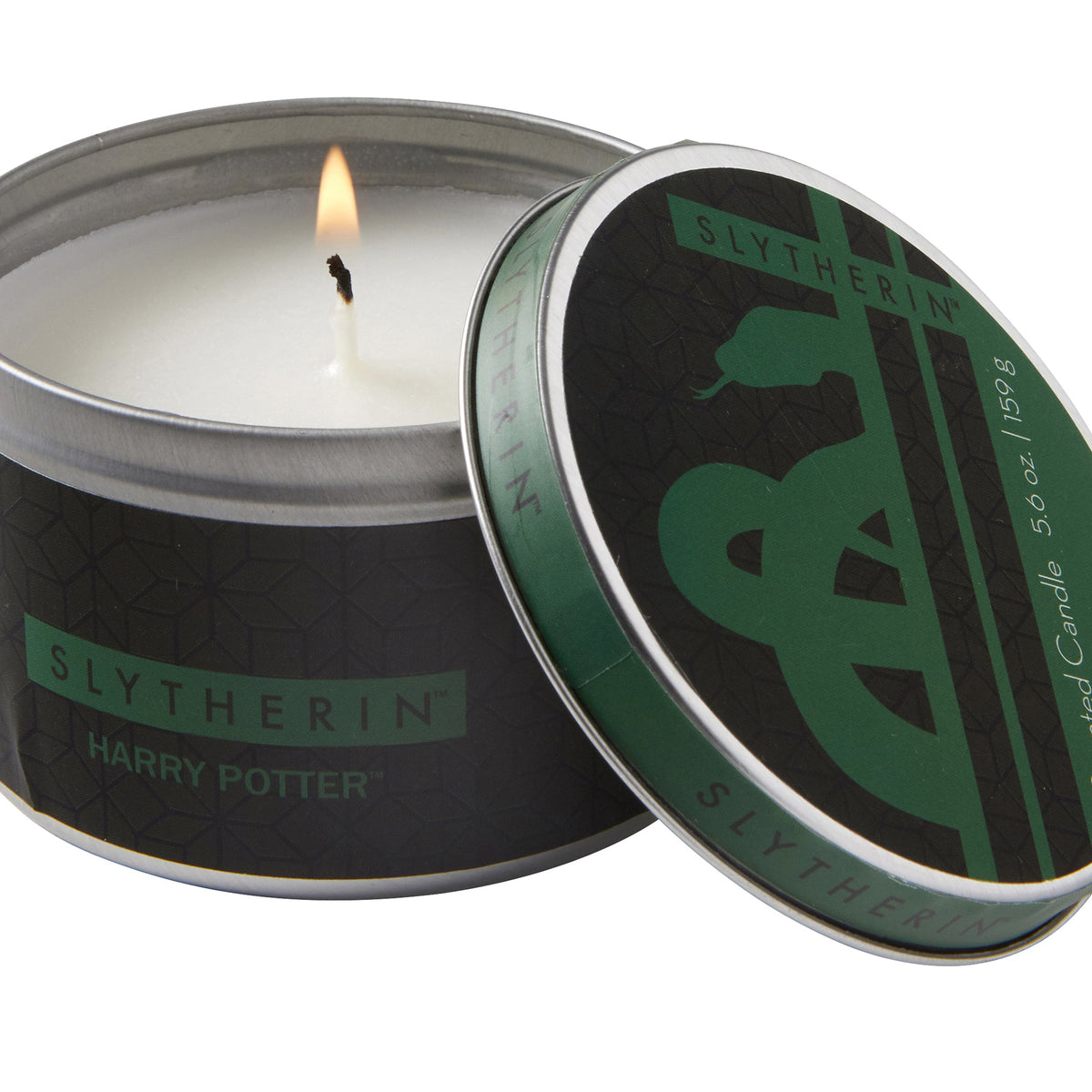 Slytherin scented candle from Harry Potter, 5.6 oz., Insight Editions home decor item with green and silver packaging.