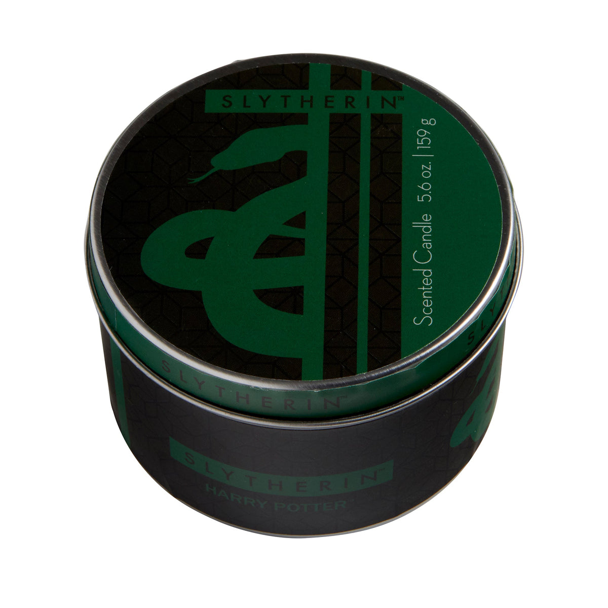 Slytherin scented candle from Harry Potter by Insight Editions, 5.6 oz, featuring a green wax and Slytherin house emblem.