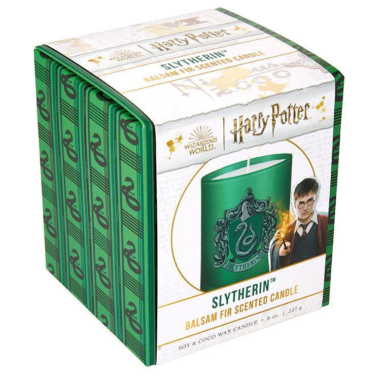 Slytherin scented glass candle from Harry Potter home goods collection by Insight Editions, featuring green glass with Slytherin emblem.