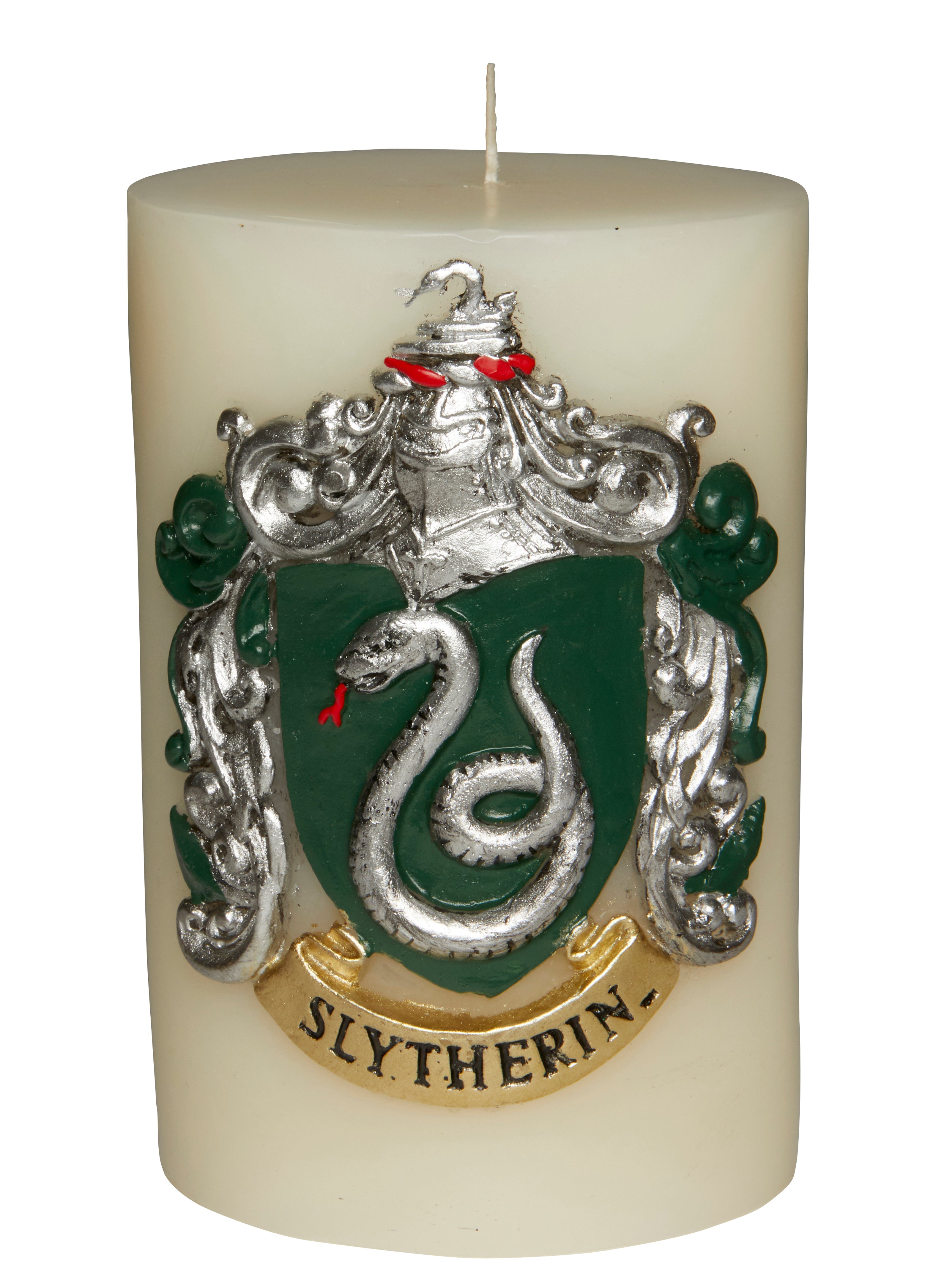 Slytherin insignia candle from Harry Potter, sculpted design, home decor by Insight Editions, features the Slytherin house emblem.