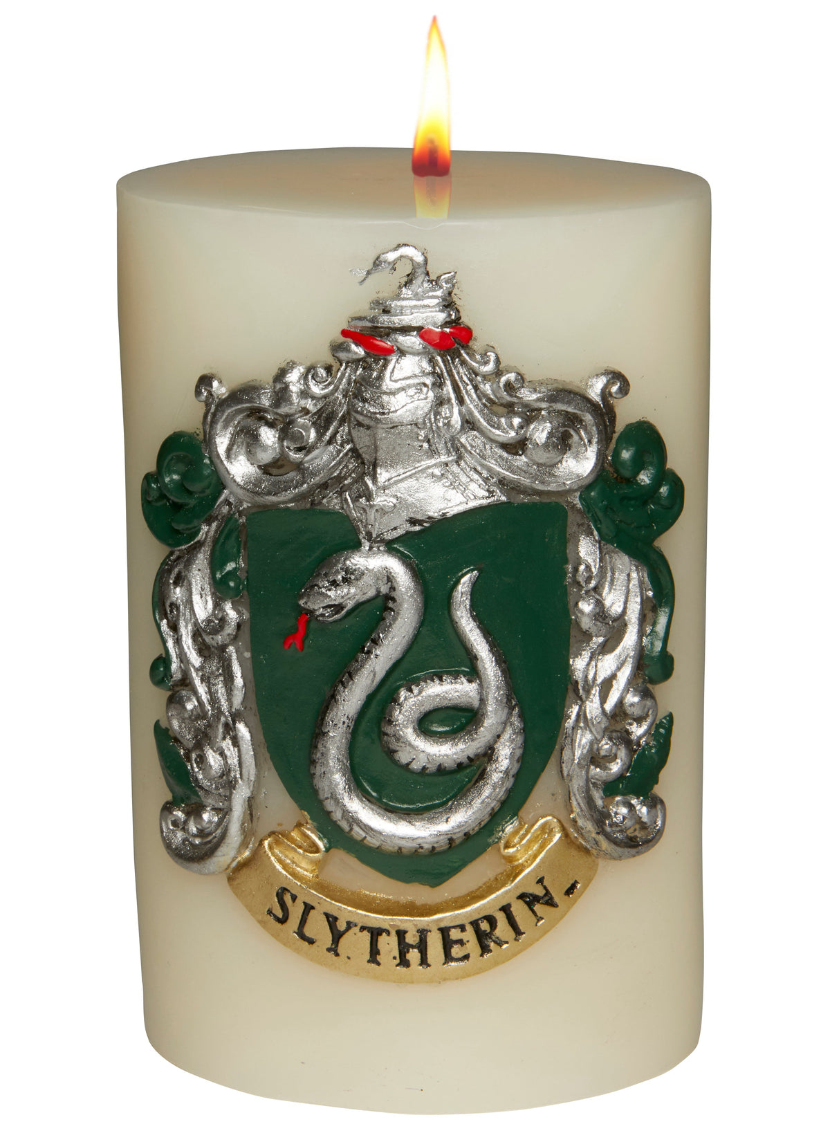 Slytherin crest sculpted insignia candle from Harry Potter home goods collection by Insight Editions, featuring green and silver details.