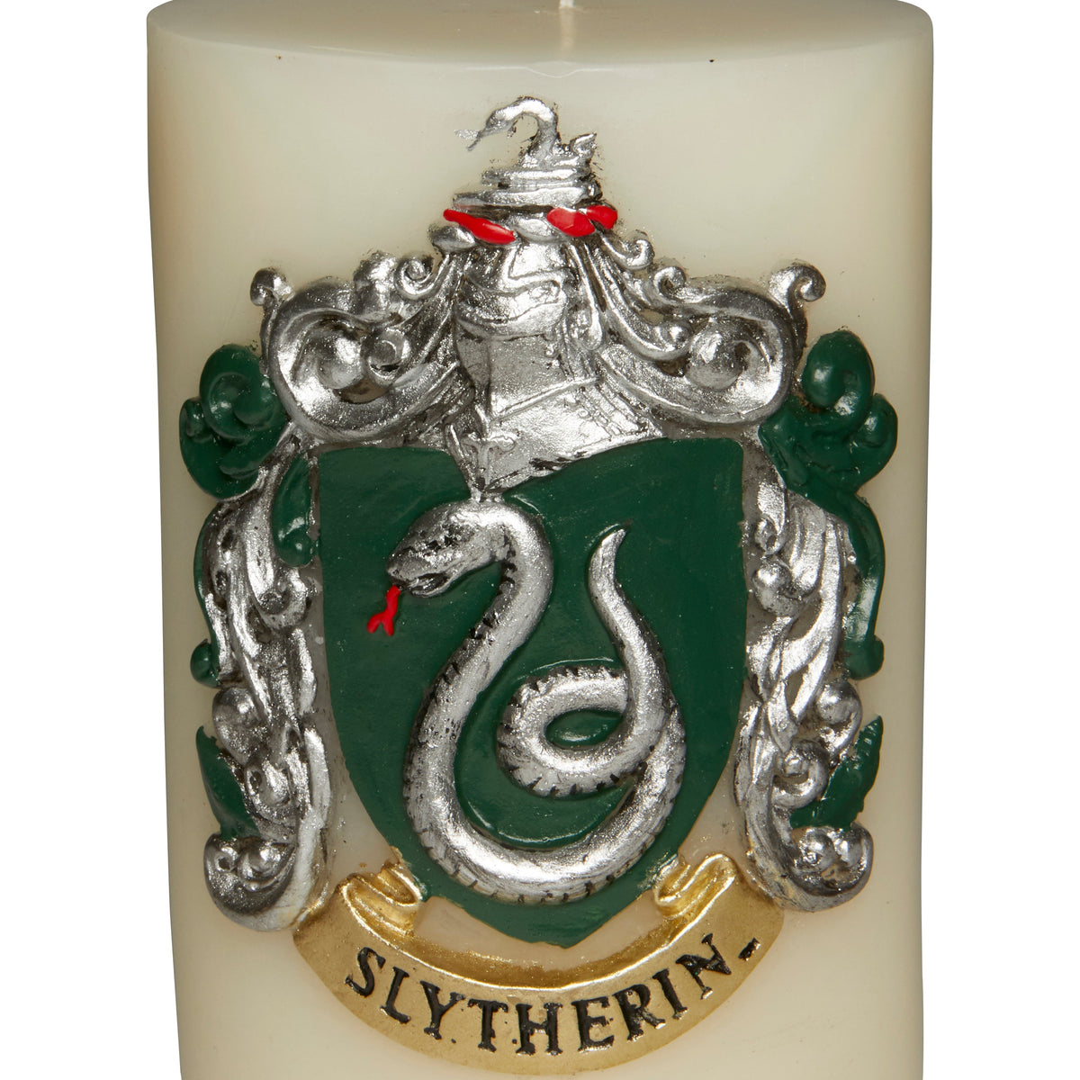 Slytherin insignia candle from Harry Potter series, sculpted design, green wax, housed in a decorative container, ideal for home decor.