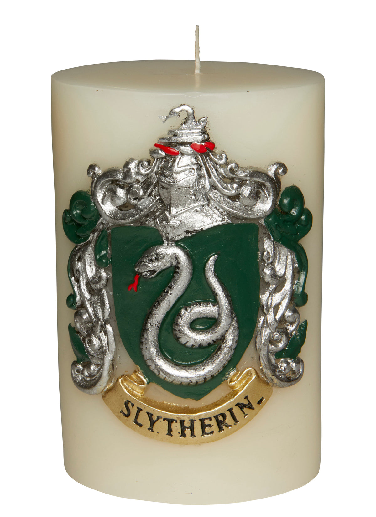 Slytherin crest sculpted insignia candle from Harry Potter, featuring green and silver details, ideal for Harry Potter home decor.