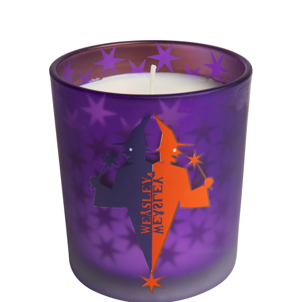 Glass candle featuring Weasleys' Wizard Wheezes design from Harry Potter, by Insight Editions, ideal for home decor.