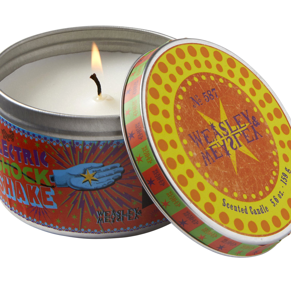 Harry Potter Weasleys' Wizard Wheezes cinnamon scented candle, 5.6 oz, home goods by Insight Editions, with orange and black label.