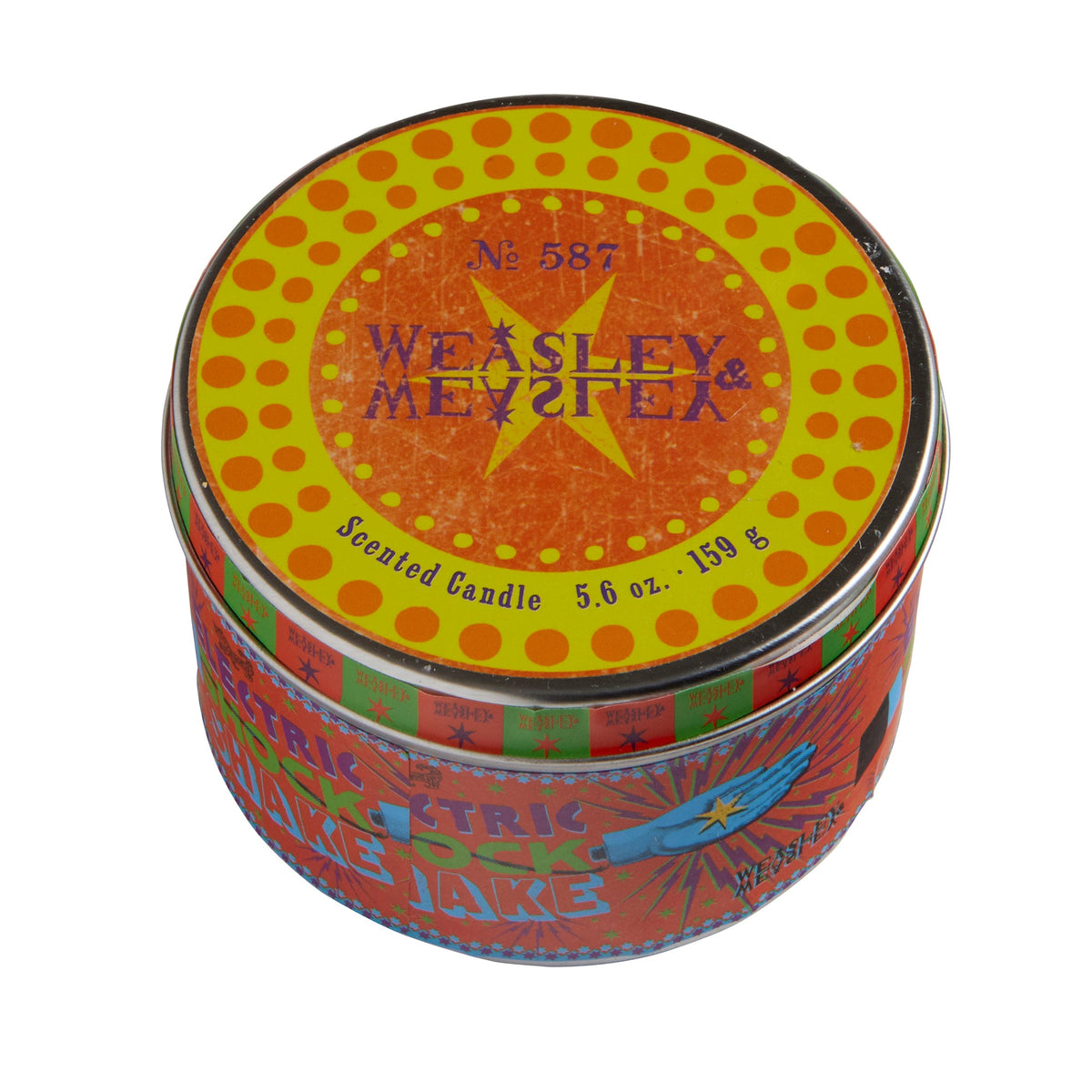 Harry Potter Weasleys' Wizard Wheezes cinnamon scented candle in a 5.6 oz jar, with a wizard-themed design and warm cinnamon aroma.