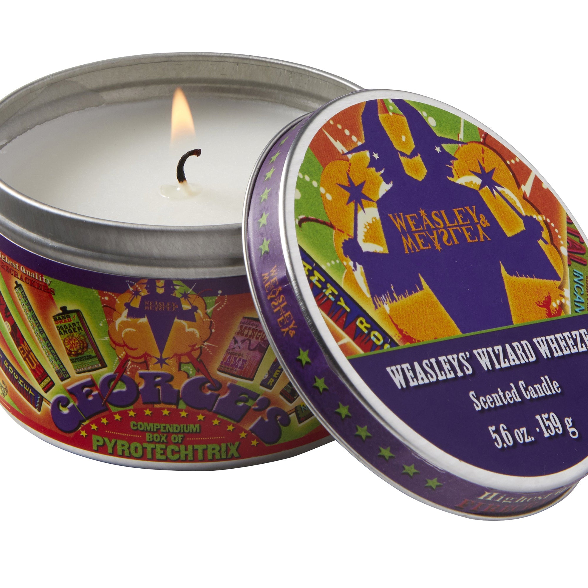 Harry Potter Weasleys' Wizard Wheezes scented candle in mint scent, 5.6 oz, with a decorative label and wizard-themed design.