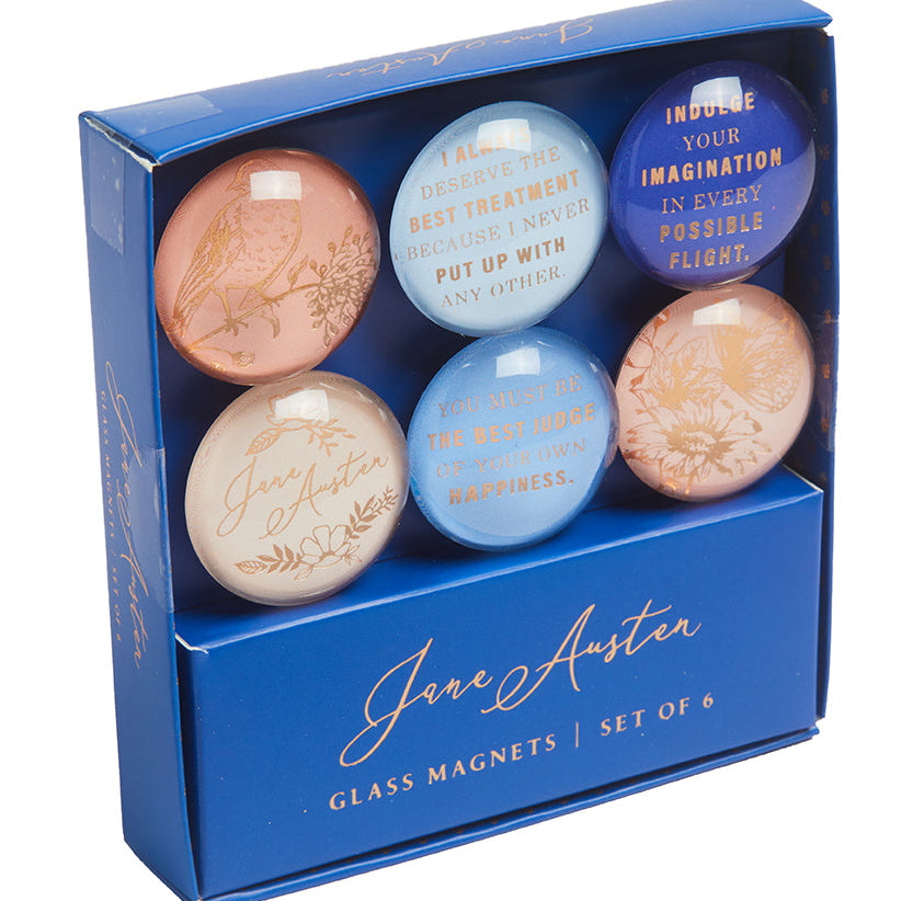 Set of six Jane Austen glass magnets featuring elegant literary designs, perfect for home decor and collection display.