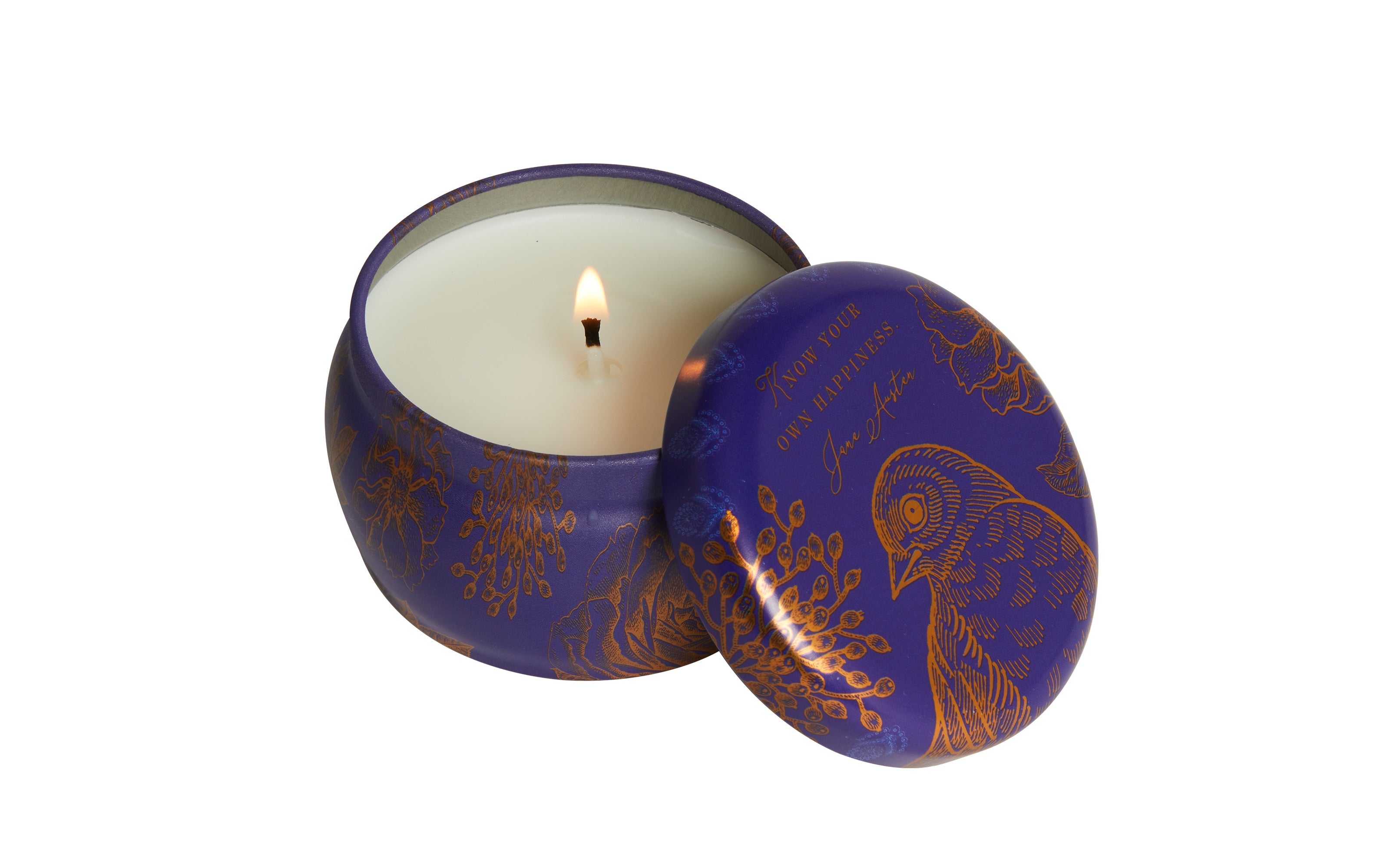 Jane Austen "Know Your Own Happiness" scented tin candle, 3oz, from Insight Editions, featuring a decorative candle with floral design.