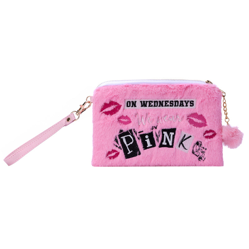 Pink plush accessory pouch featuring "On Wednesdays We Wear Pink" from the Mean Girls home goods collection by Insight Editions.