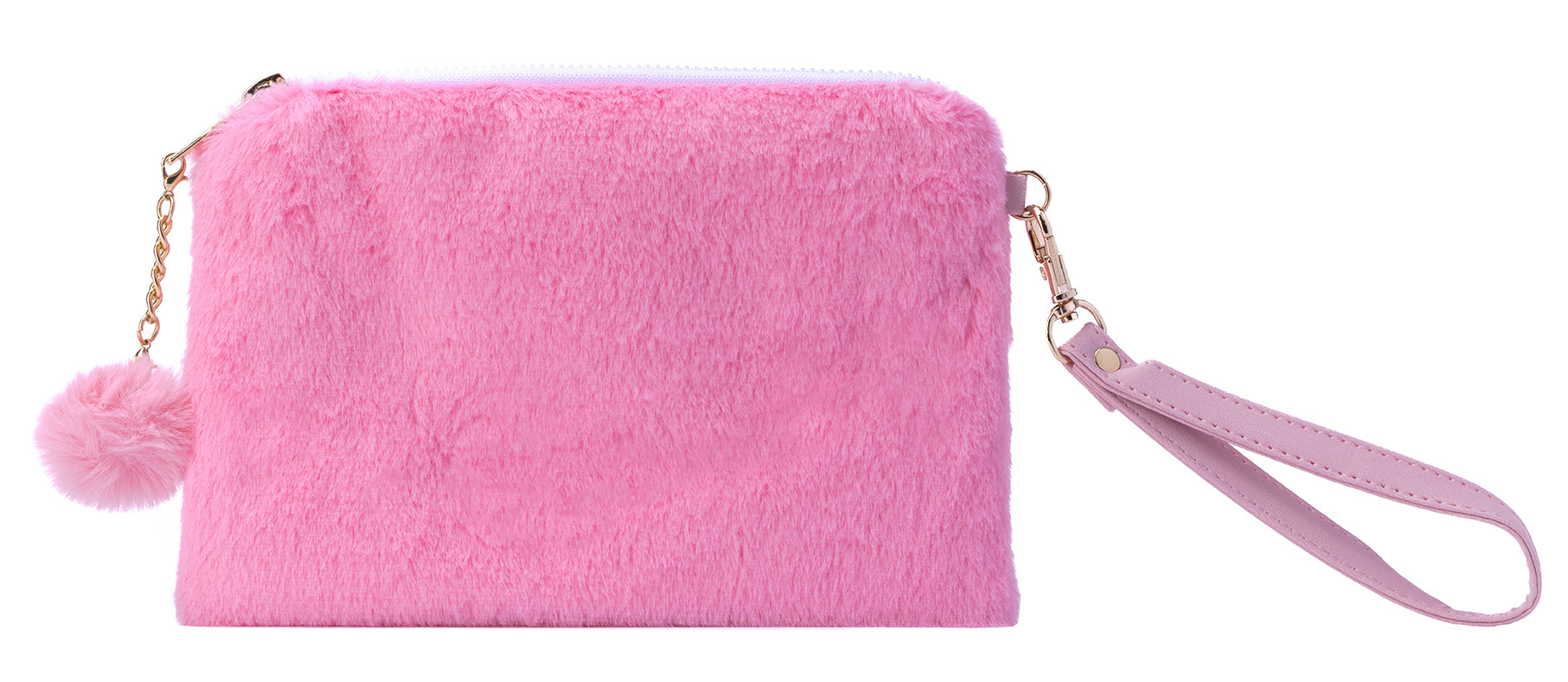 Pink plush accessory pouch inspired by Mean Girls, featuring "On Wednesdays We Wear Pink" design, perfect for home or travel use.