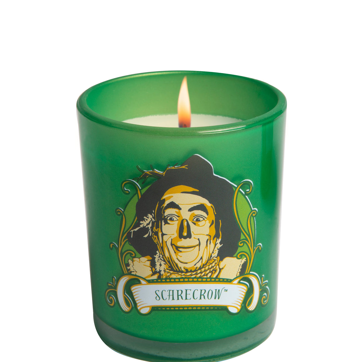 Glass votive candle featuring a Scarecrow design from The Wizard of Oz by Insight Editions, perfect for home decor.