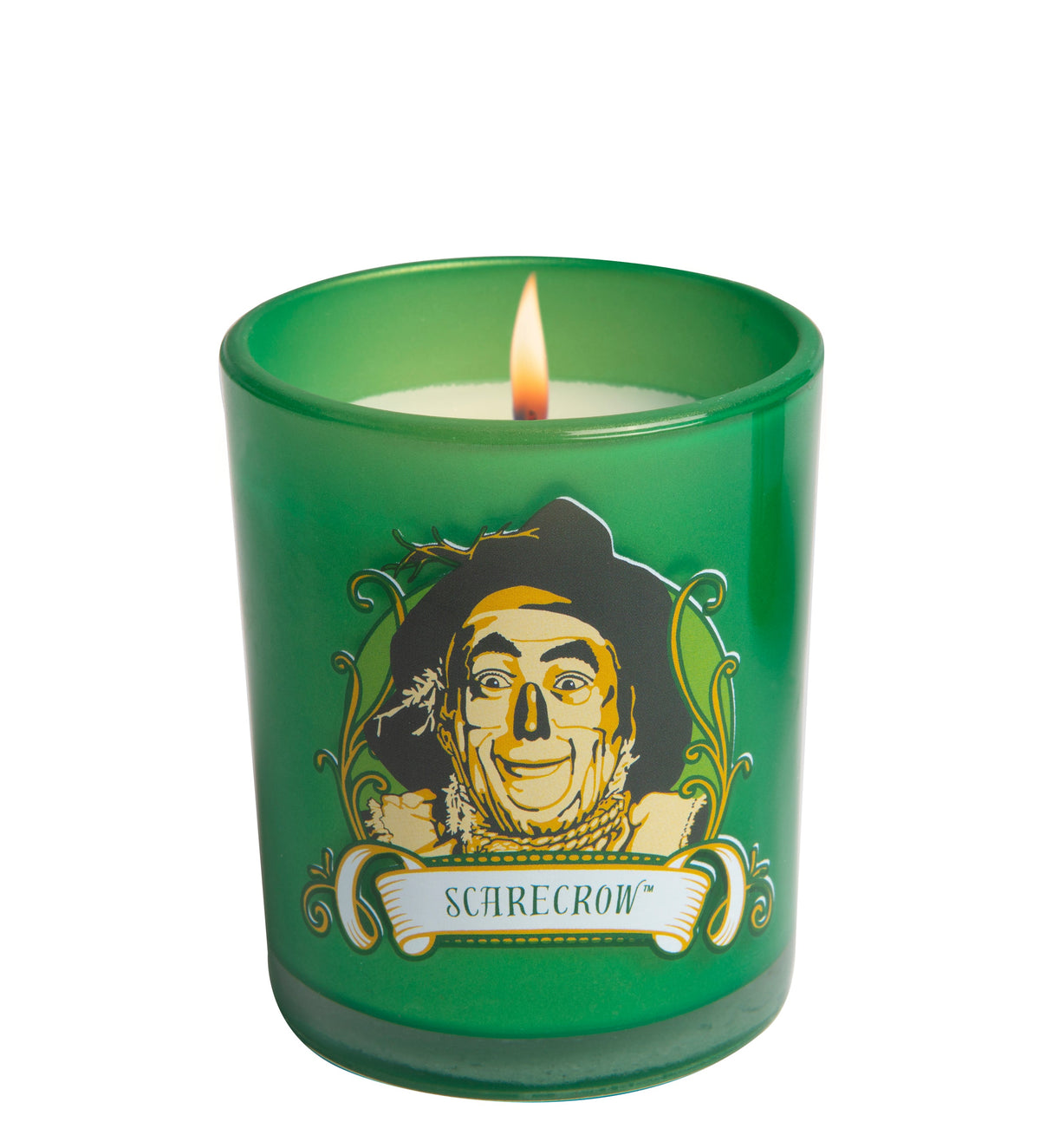 Glass votive candle featuring The Wizard of Oz Scarecrow design, ideal for home décor and ambiance.