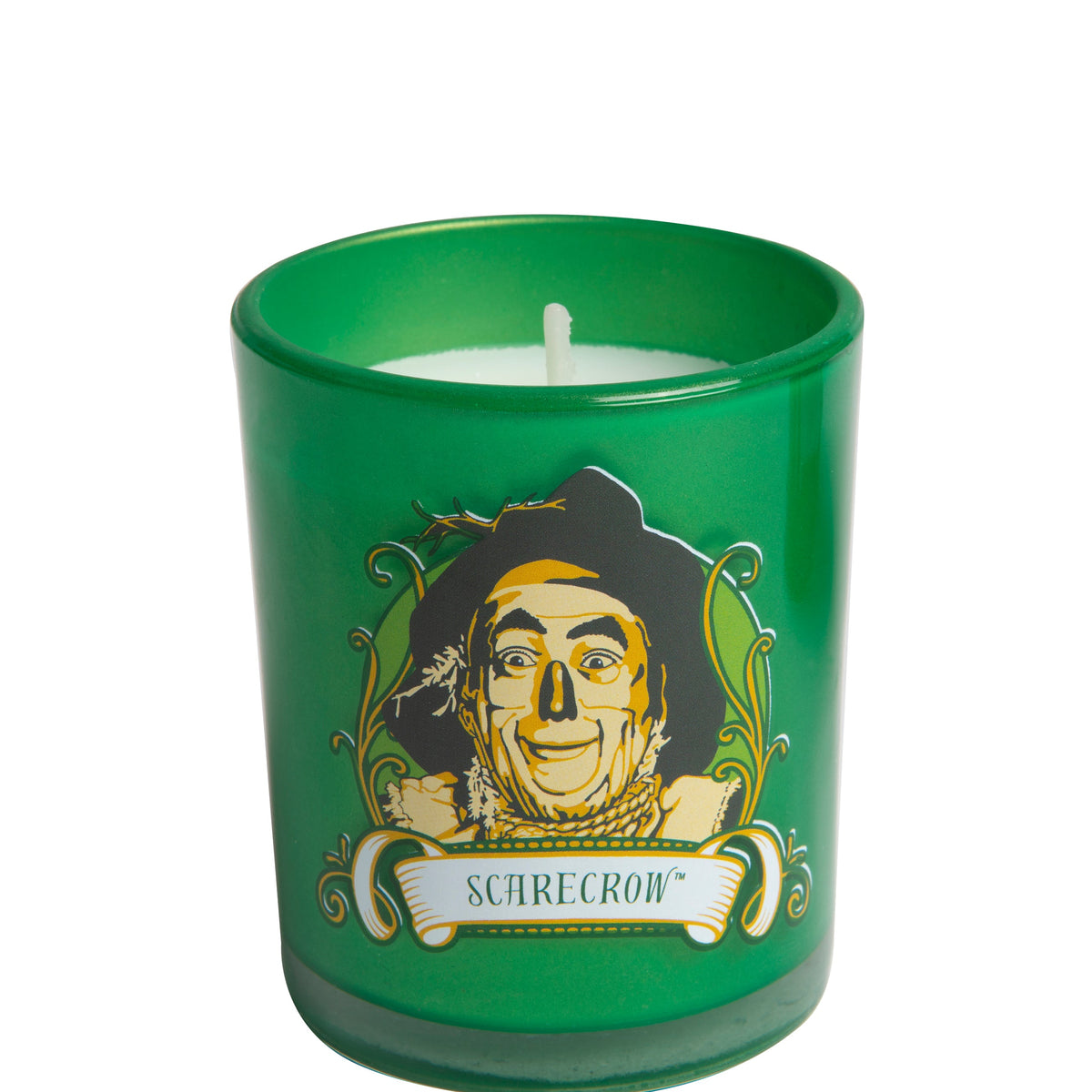 Glass votive candle featuring Scarecrow from The Wizard of Oz, a home decor item by Insight Editions with detailed design.