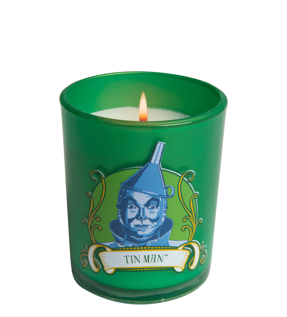 Tin Man glass votive candle from The Wizard of Oz, Insight Editions home decor item with detailed tin man design.