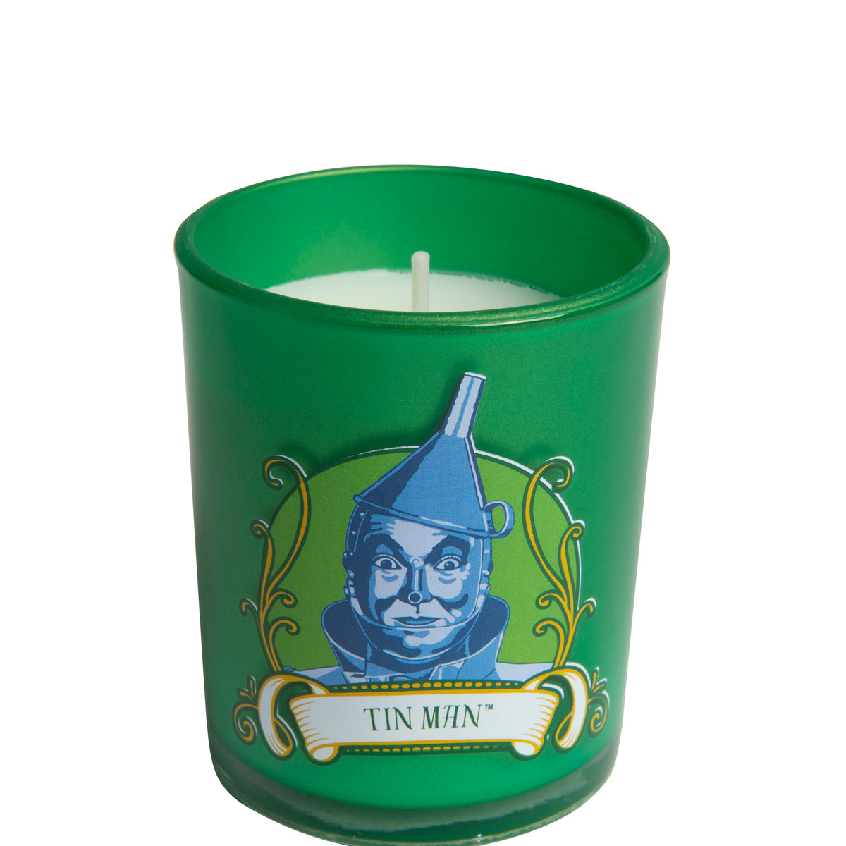 Tin Man glass votive candle from The Wizard of Oz home goods collection by Insight Editions, featuring a detailed Tin Man design.