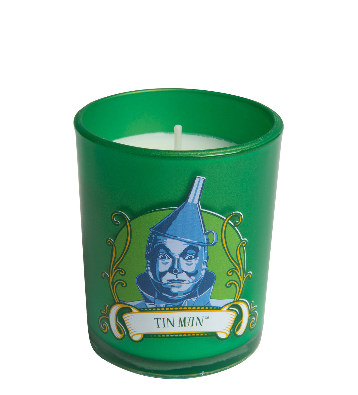 Tin Man glass votive candle from The Wizard of Oz, Insight Editions, featuring detailed Tin Man design for home decor.