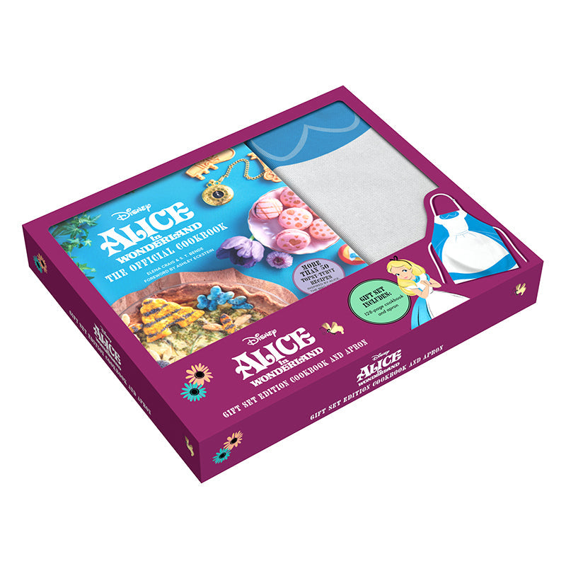 Alice in Wonderland gift set includes a themed cookbook and apron from Insight Editions, featuring whimsical artwork and design.