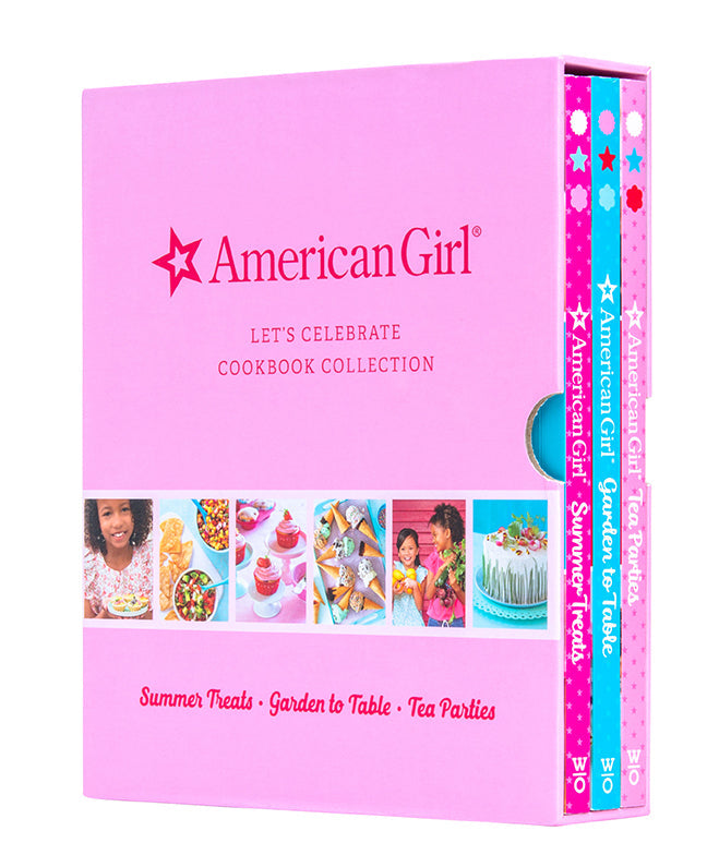 American Girl Let's Celebrate Cookbook Collection kit by Insight Editions with colorful recipe cards and cooking tools.
