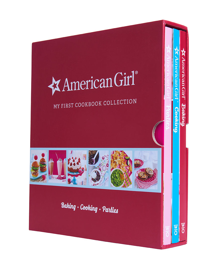 American Girl My First Cookbook Collection kit by Insight Editions, featuring colorful recipe cards and beginner cooking tools.