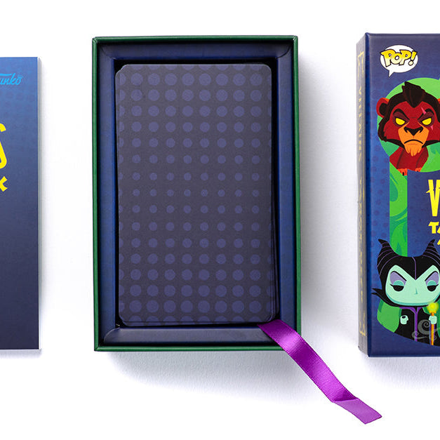 Funko Disney Villains Tarot Deck and Guidebook kit featuring colorful villain-themed cards and instructions by Insight Editions.