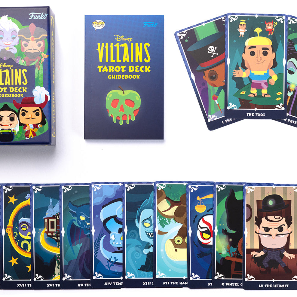Funko Disney Villains Tarot Deck and Guidebook kit featuring illustrated cards and instruction book by Insight Editions.