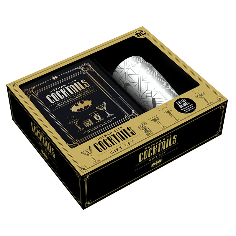 Gotham City Cocktails Gift Set by Insight Editions, featuring a kit with themed cocktail accessories and ingredients.