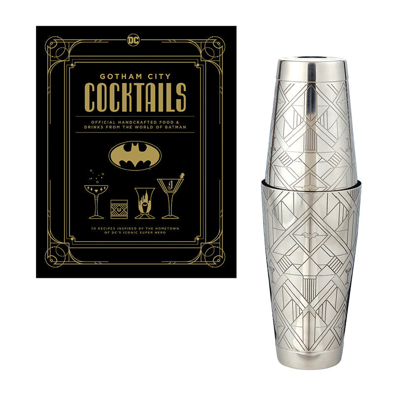 Gotham City Cocktails gift set kit by Insight Editions with assorted cocktail recipes and themed accessories.