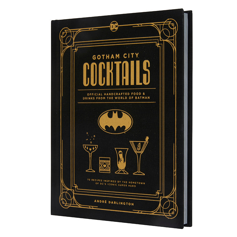 Gotham City Cocktails gift set kit by Insight Editions featuring themed cocktail tools and ingredients for Gotham-inspired drinks.