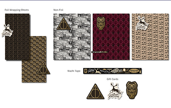 Harry Potter Dark Arts Gift Wrap Stationery Set kit featuring wizard-themed wrapping paper and matching stationery by Insight Editions.