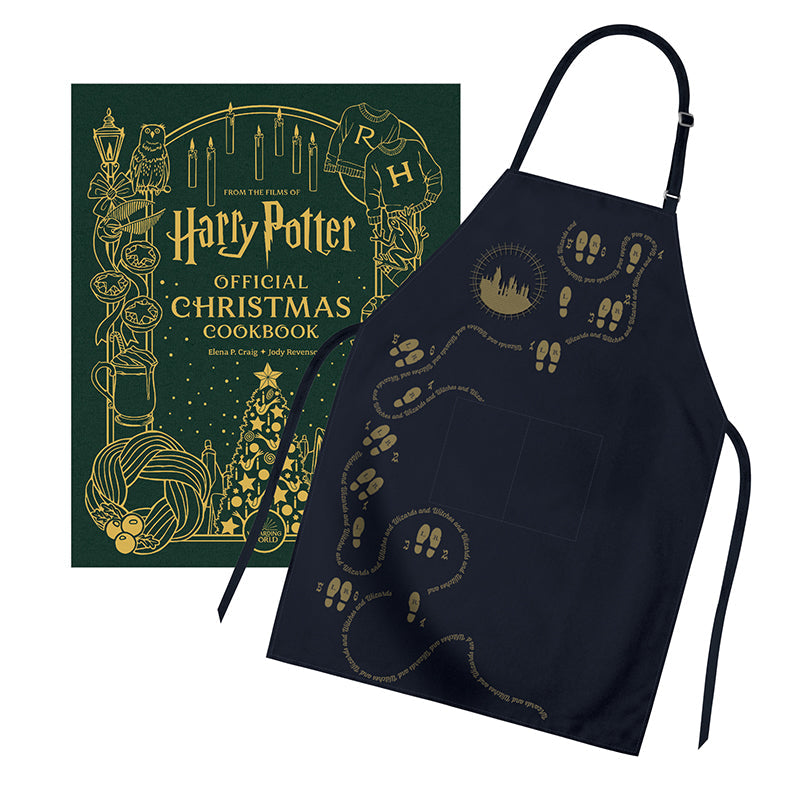 Harry Potter gift set with Christmas cookbook and themed apron from Insight Editions, perfect for magical cooking adventures.