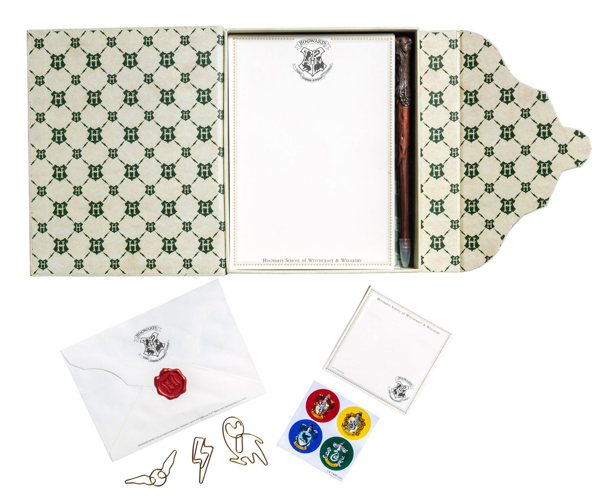 Harry Potter Hogwarts acceptance letter stationery set with wizard-themed writing paper and matching envelopes from Insight Editions.