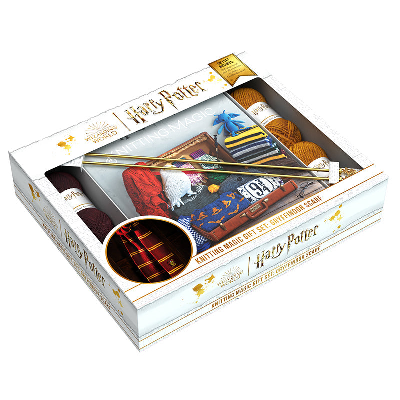 Harry Potter Gryffindor scarf knitting kit by Insight Editions, includes yarn and instructions for magical house scarf.