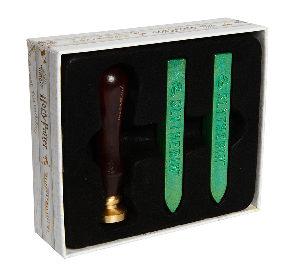 Harry Potter Slytherin wax seal set kit with green wax sticks and Slytherin emblem stamp for sealing letters and documents.