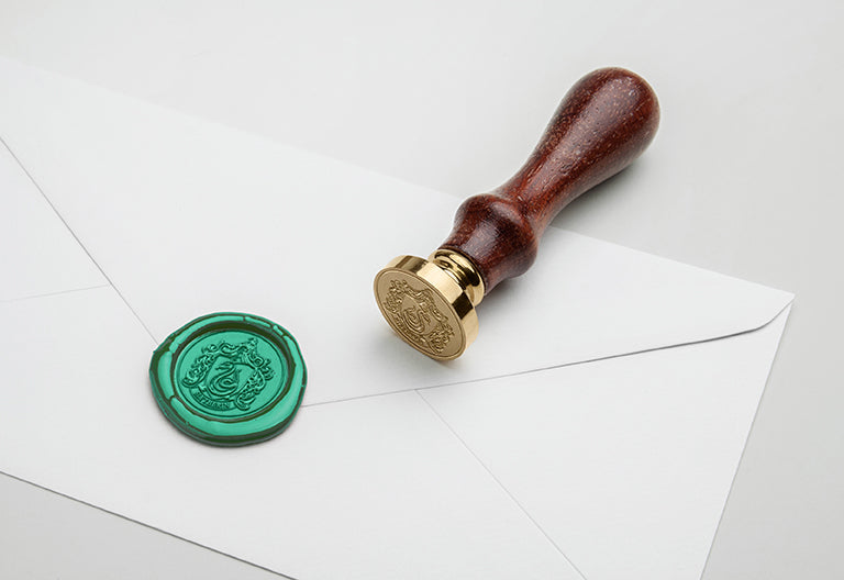 Harry Potter Slytherin wax seal set kit with green wax and Slytherin crest stamp for sealing letters and invitations.