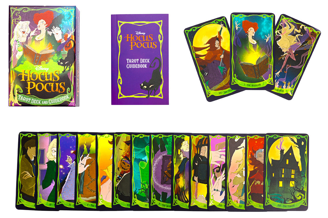 Hocus Pocus Tarot Deck and Guidebook kit by Insight Editions featuring spooky illustrated cards and a detailed instruction guide.