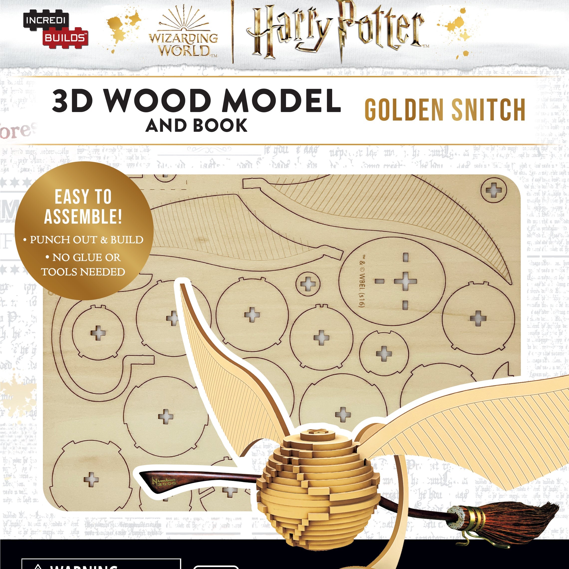 IncrediBuilds Harry Potter Golden Snitch 3D wood model kit with accompanying book, featuring detailed craftsmanship and collectible design.