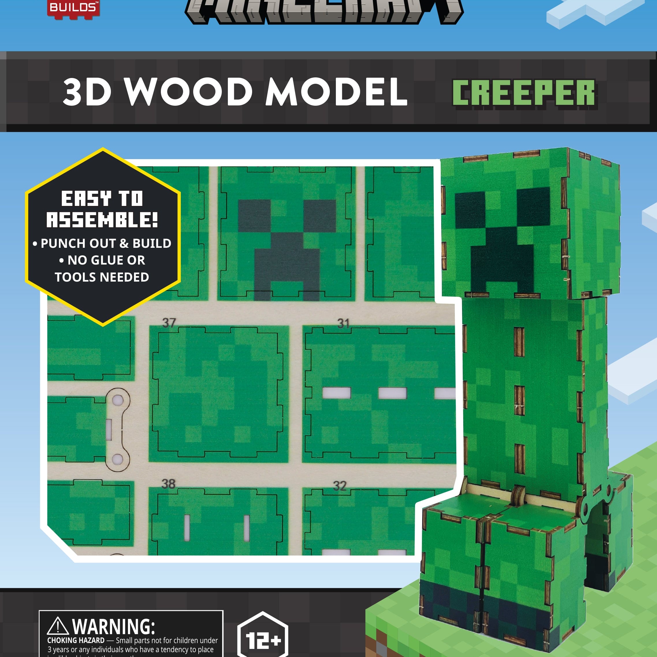 IncrediBuilds Minecraft Creeper 3D wood model kit by Insight Editions, featuring assembled green Creeper figure from Minecraft.