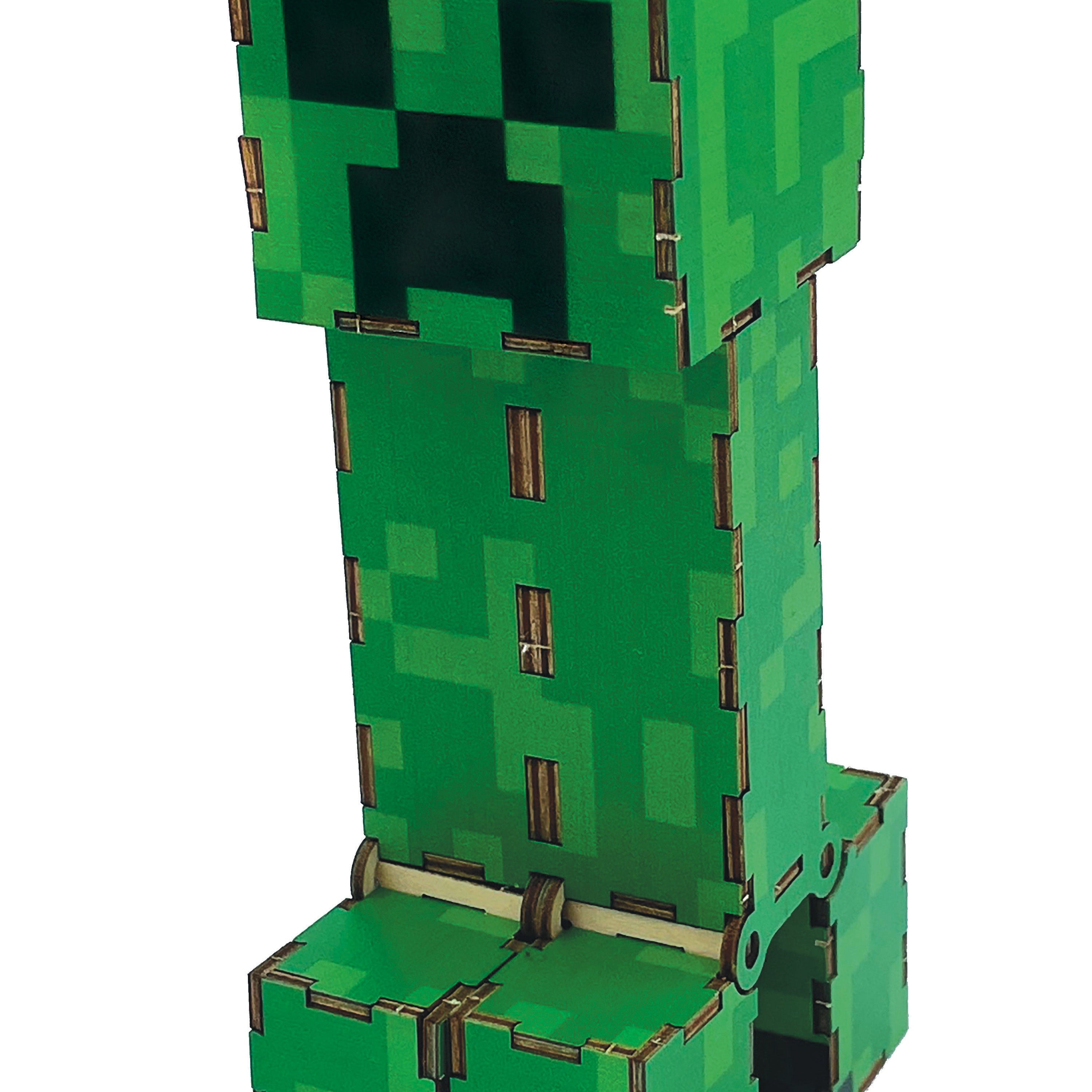 Minecraft Creeper 3D wood model kit by IncrediBuilds, featuring detailed wooden pieces assembled into a Creeper figure.