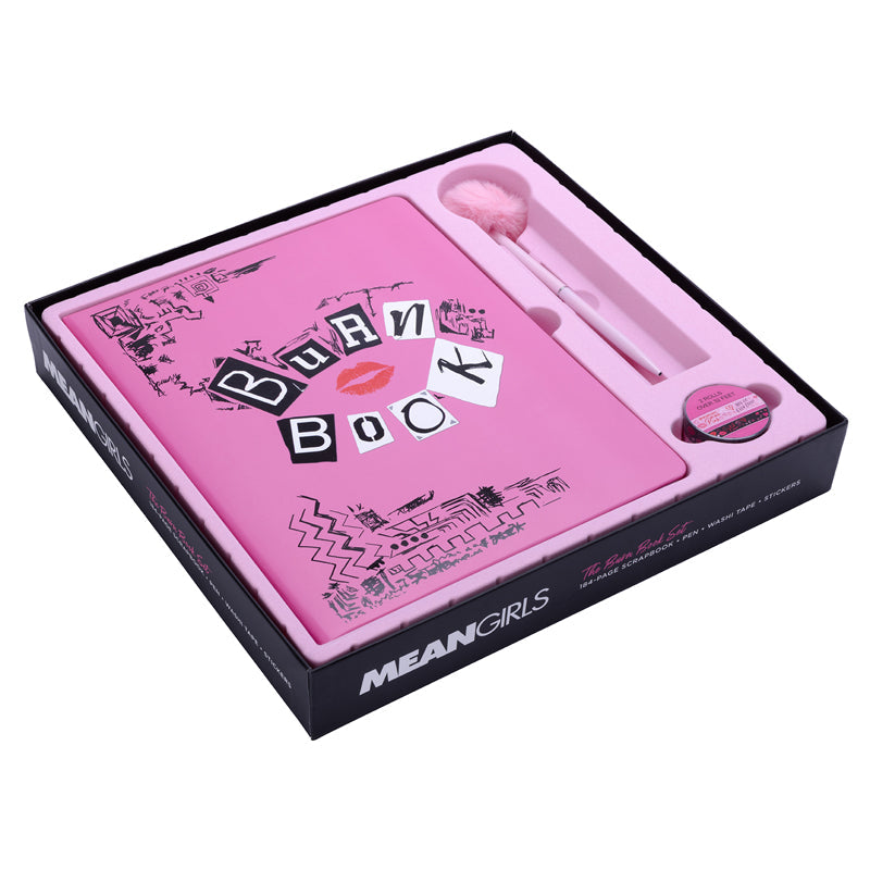 Insight Editions Mean Girls Burn Book scrapbook kit with pages, stickers, and accessories for creating a themed scrapbook.