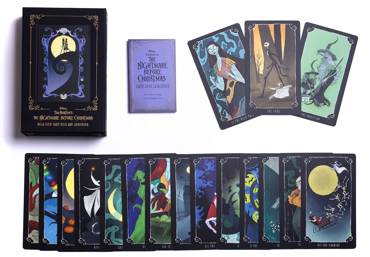 Inside view of the Mega-Sized Nightmare Before Christmas Tarot Deck and Guidebook kit by Insight Editions, featuring colorful tarot cards.
