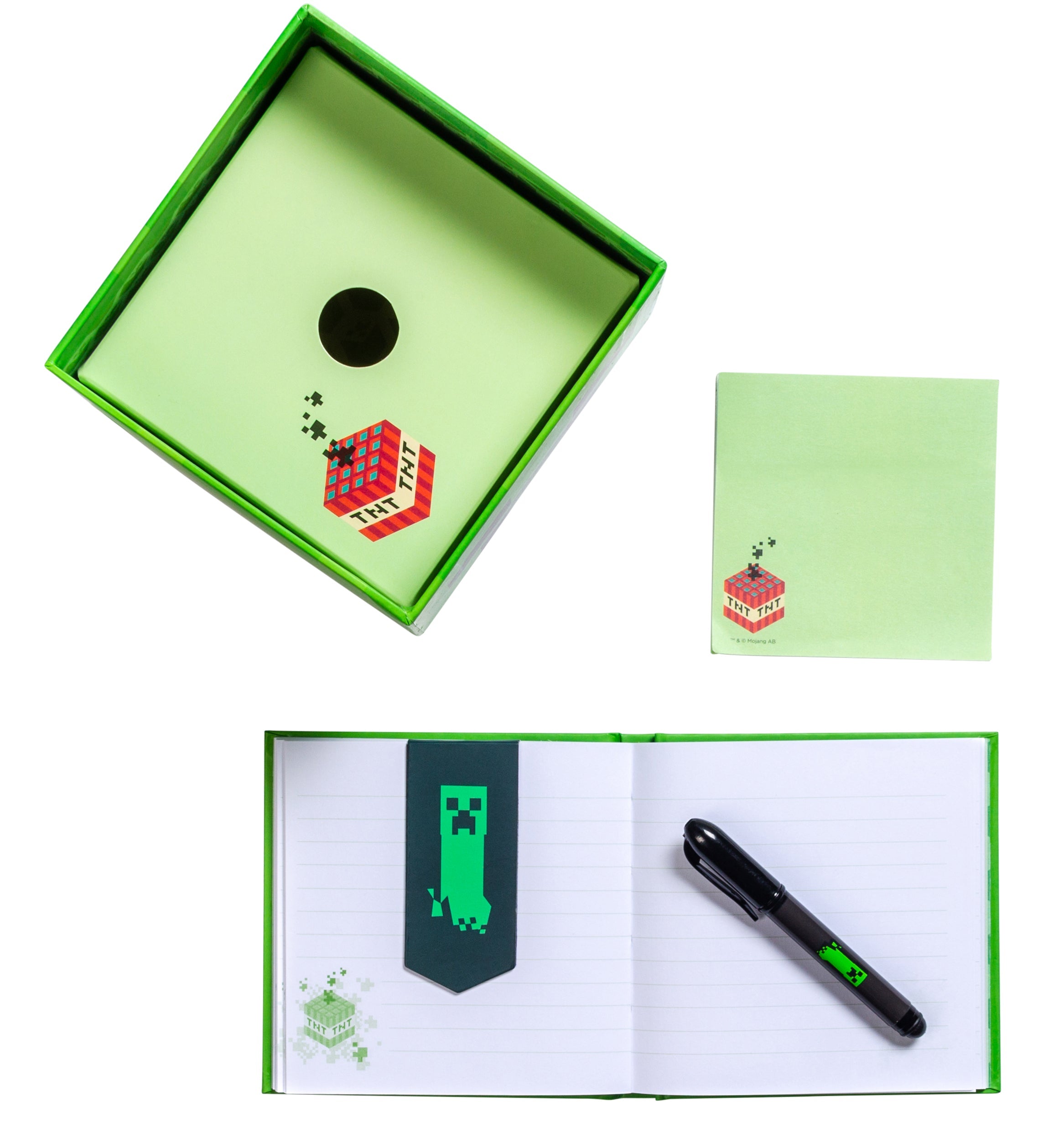 Minecraft Creeper Block stationery set kit by Insight Editions featuring themed notebooks, pens, and accessories inspired by Creeper blocks.
