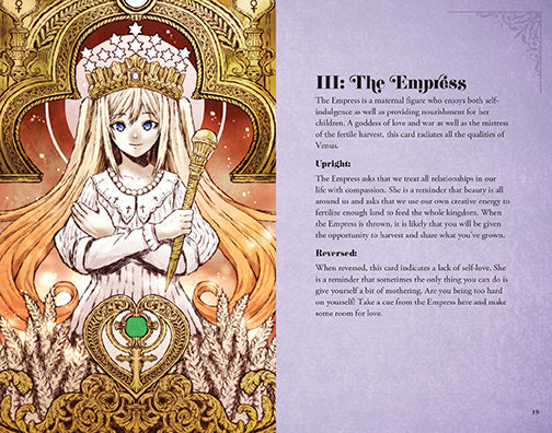Interior view of Insight Editions Anime Tarot Deck and Guidebook kit with colorful tarot cards and instruction booklet.