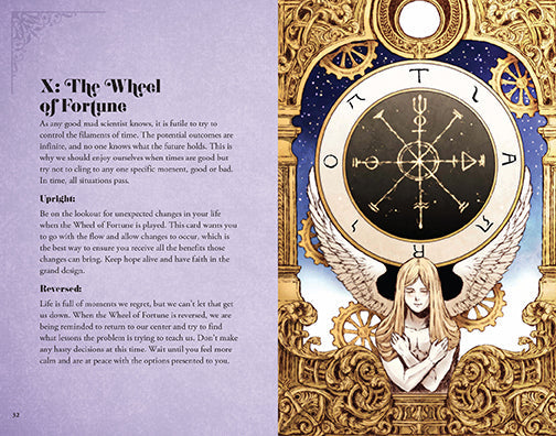Inside the Anime Tarot Deck and Guidebook kit by Insight Editions, featuring colorful tarot cards and instruction pages.