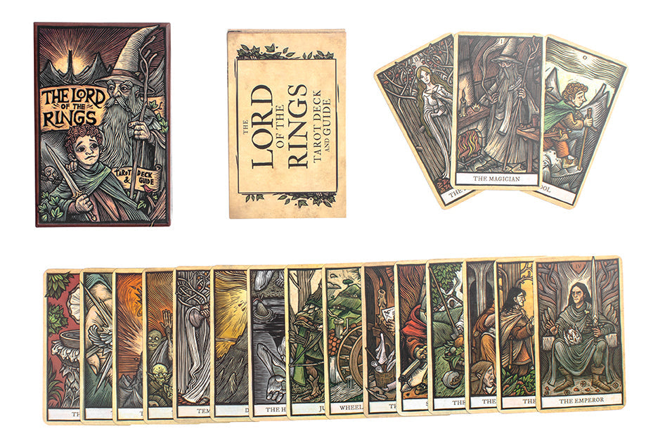 Interior view of The Lord of the Rings Tarot Deck and Guide kit by Insight Editions, showing tarot cards and guidebook pages.