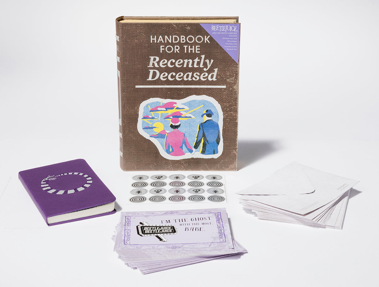 Beetlejuice Handbook for the Recently Deceased deluxe note card set with keepsake book box, Insight Editions gift stationery kit.