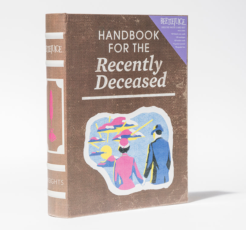 Beetlejuice Handbook for the Recently Deceased deluxe note card set with keepsake book box by Insight Editions, featuring spooky themed stationery.