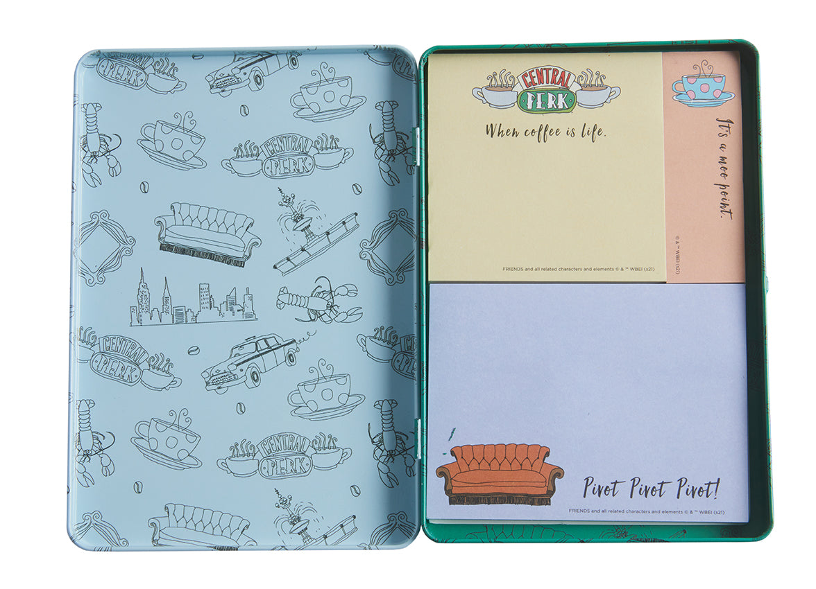 Friends Central Perk sticky note tin set by Insight Editions, featuring themed notes and a decorative tin for stationery fans.