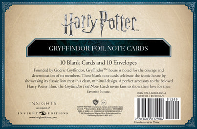 Set of 10 Harry Potter Gryffindor foil note cards by Insight Editions, featuring wizarding house emblem and decorative design.